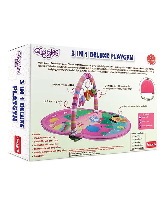 Funskool Giggles 3 in 1 Deluxe Play Gym with Overhead Toy Arch - Pink
