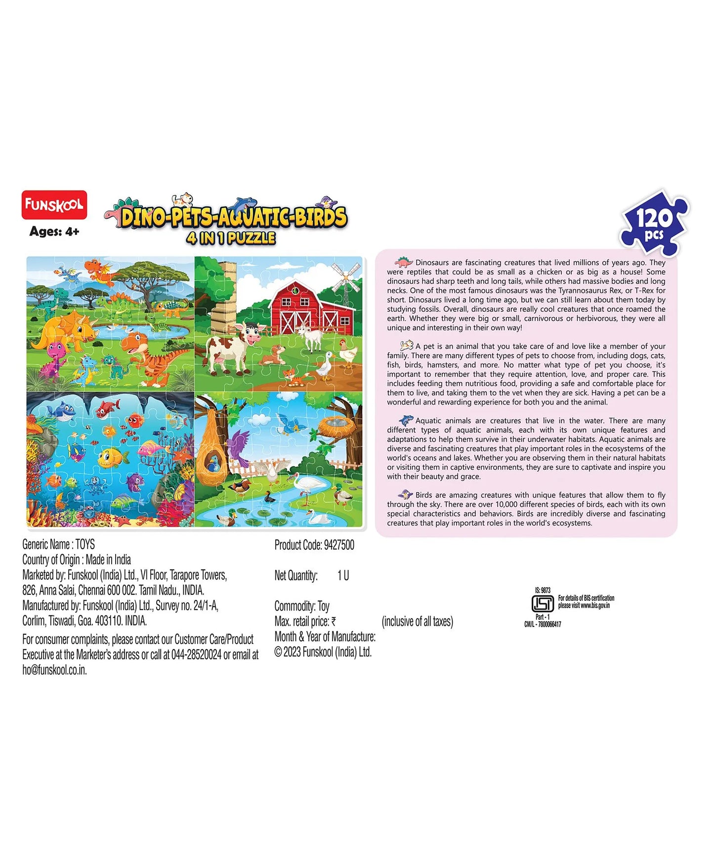 Funskool Play & Learn Dino-Pets-Aquatic-Birds 4 in 1 Educational Puzzle- 120 Pieces