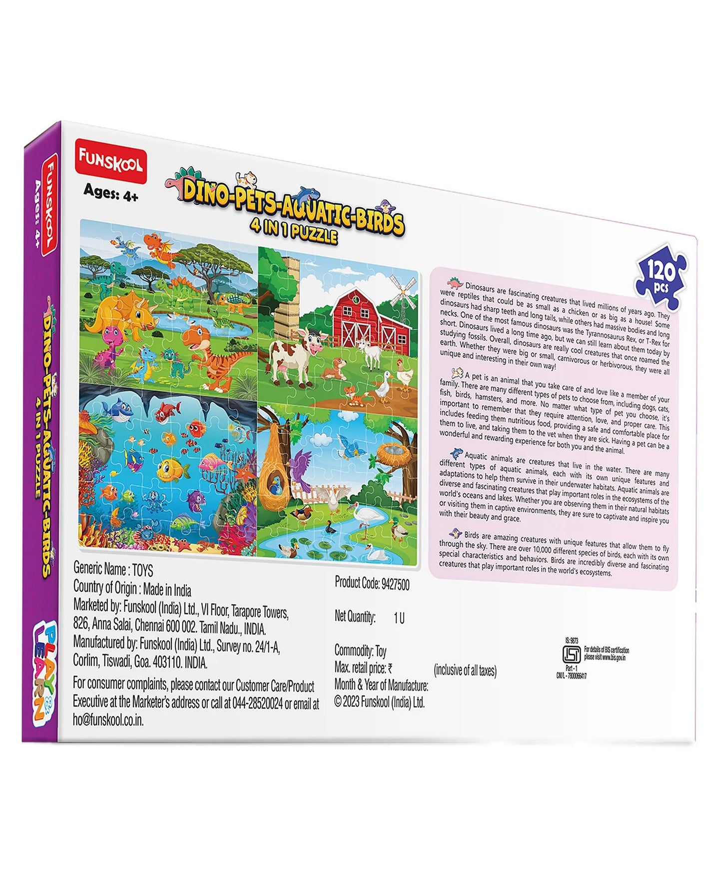 Funskool Play & Learn Dino-Pets-Aquatic-Birds 4 in 1 Educational Puzzle- 120 Pieces