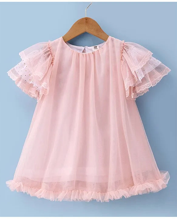 ToffyHouse Cotton Knit to Woven Half Frill Sleeves Solid Colour Frock - Peach
