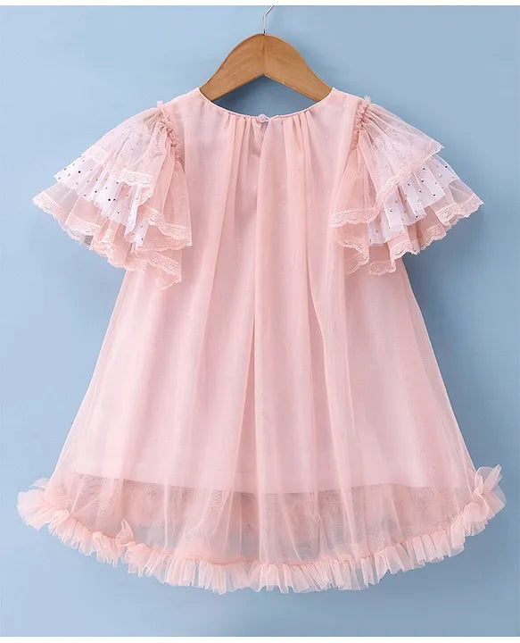 ToffyHouse Cotton Knit to Woven Half Frill Sleeves Solid Colour Frock - Peach