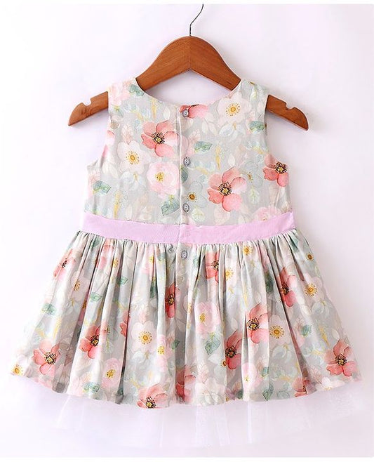 ToffyHouse Sleeveless Floral Printed Party Frock with Bow Detailing - Multicolour