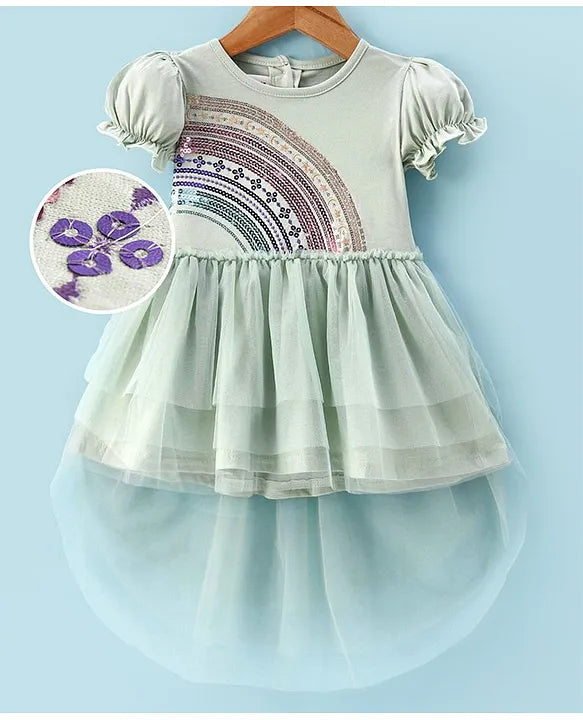 ToffyHouse 100% Cotton Woven Half Puffed Sleeves Layered Party Frock with Sequin Detailing - Green