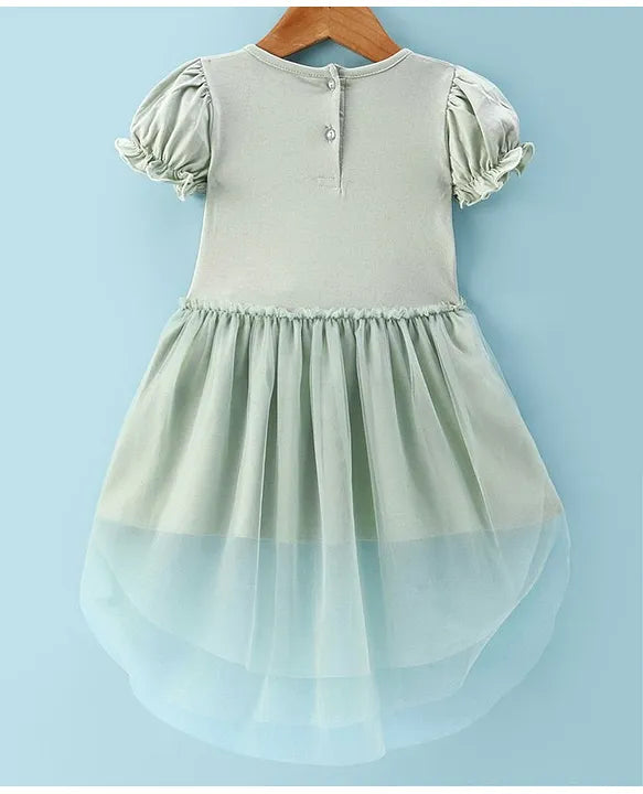 ToffyHouse 100% Cotton Woven Half Puffed Sleeves Layered Party Frock with Sequin Detailing - Green