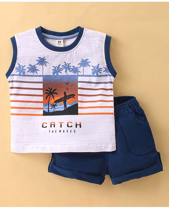 ToffyHouse Sleeveless T-Shirt & Corduroy Shorts Set With Beach Print - White