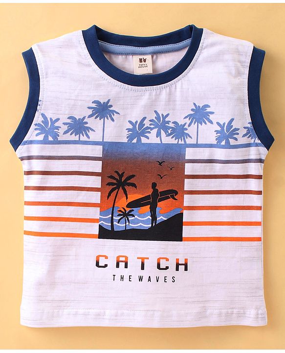 ToffyHouse Sleeveless T-Shirt & Corduroy Shorts Set With Beach Print - White