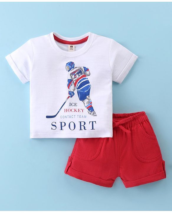 ToffyHouse Half Sleeves T-Shirt & Woven Shorts With Ice Hockey Print - White & Red