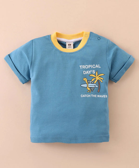 ToffyHouse Half Sleeves T-Shirt & Twill Woven Shorts With Palm Tree Print - Blue