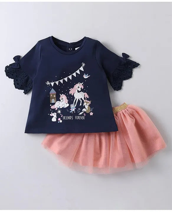 ToffyHouse 100% Cotton Knit 3/4th Sleeves Top & Skirt Set With Unicorn Print - Navy