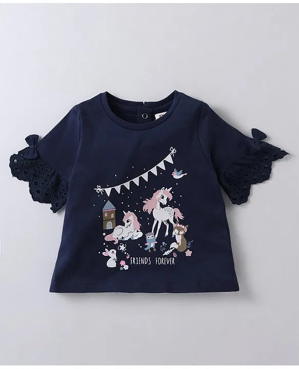 ToffyHouse 100% Cotton Knit 3/4th Sleeves Top & Skirt Set With Unicorn Print - Navy