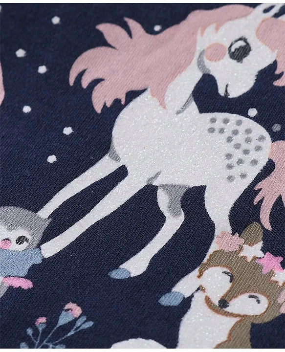 ToffyHouse 100% Cotton Knit 3/4th Sleeves Top & Skirt Set With Unicorn Print - Navy