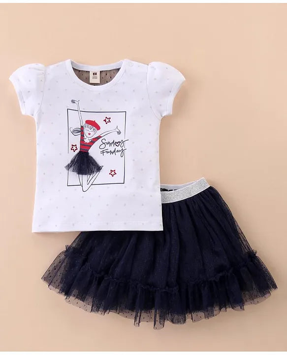ToffyHouse 100% Cotton Knit Half Sleeves Top & Tiered Skirt Set with Star & Doll Print-White & Navy Blue