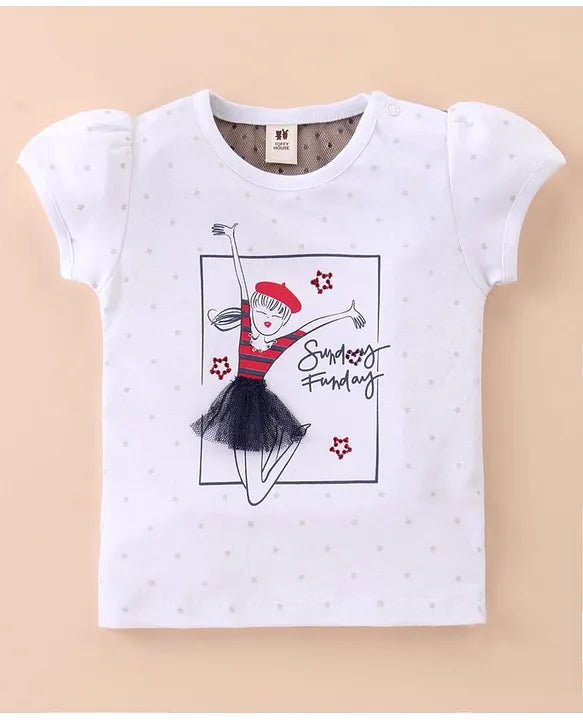 ToffyHouse 100% Cotton Knit Half Sleeves Top & Tiered Skirt Set with Star & Doll Print-White & Navy Blue