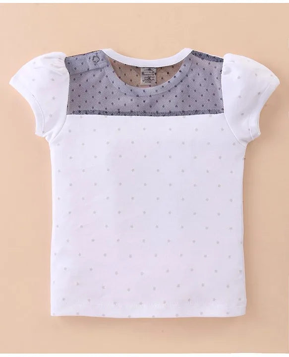 ToffyHouse 100% Cotton Knit Half Sleeves Top & Tiered Skirt Set with Star & Doll Print-White & Navy Blue