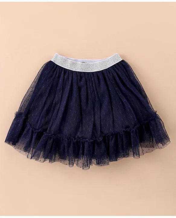 ToffyHouse 100% Cotton Knit Half Sleeves Top & Tiered Skirt Set with Star & Doll Print-White & Navy Blue