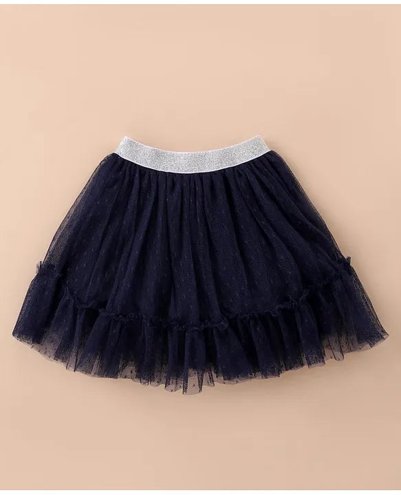 ToffyHouse 100% Cotton Knit Half Sleeves Top & Tiered Skirt Set with Star & Doll Print-White & Navy Blue