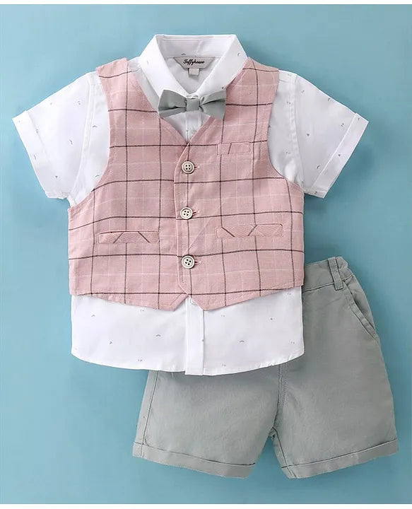 ToffyHouse Cotton Woven Half Sleeves Shirt & Shorts Set with Checkered Waistcoat & Bow - Pink & Grey