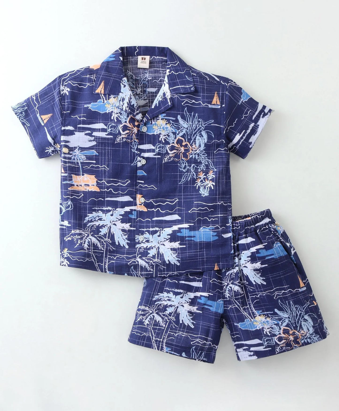 ToffyHouse Half Sleeves Co-Ord Set With Beach Theme Print - Navy