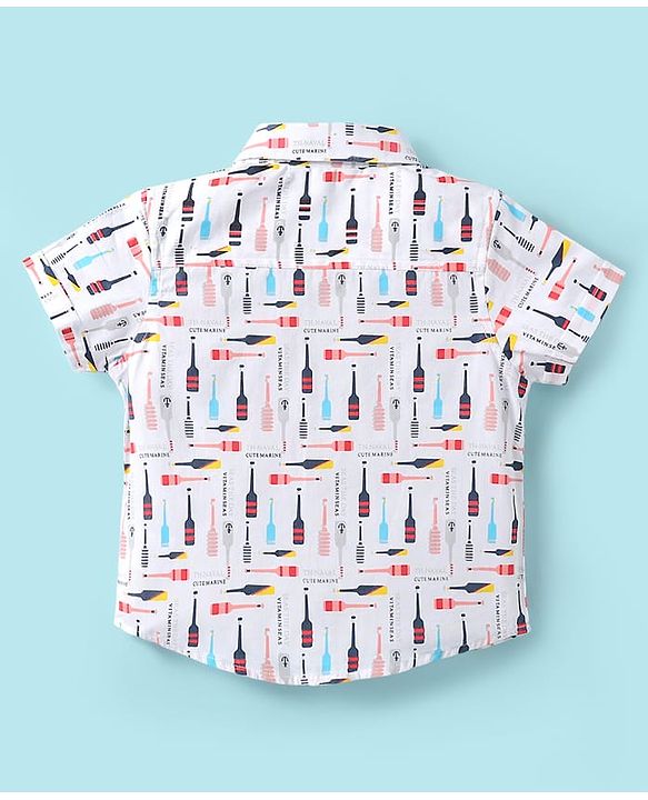 ToffyHouse Half Sleeves Printed Shirt & Shorts With Bow & Suspender - White & Navy Blue