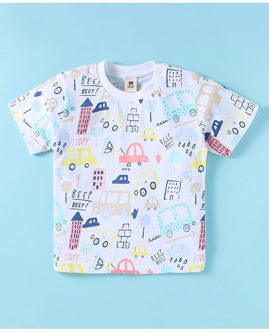 ToffyHouse Half Sleeves Dungaree & T-Shirt with Vehicle Print & Embroidery - Tan & White