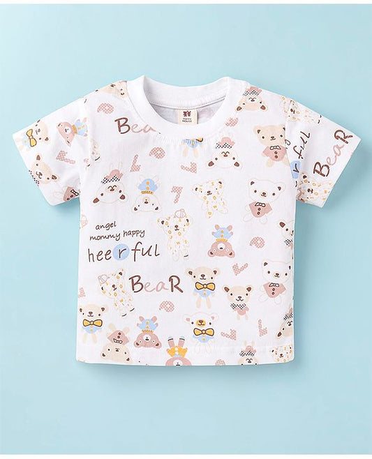 ToffyHous Dungaree & Half Sleeves T-Shirt With Teddy Bear Print & Patch - Brown