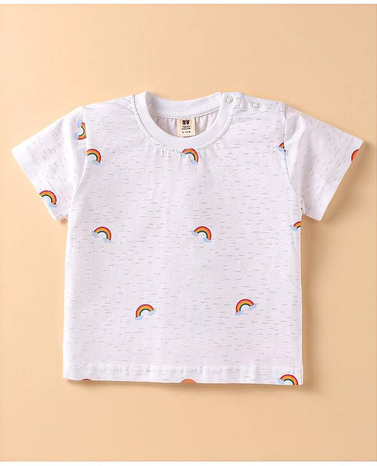 ToffyHouse Half Sleeves T-Shirt & Dungaree with Stripes & Rainbow Embroidery - Blue & White