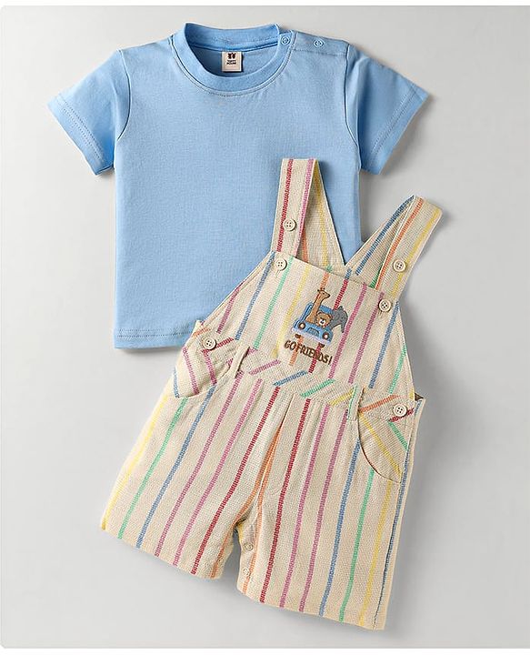 ToffyHouse Half Sleeves T-Shirt & Dungaree with Stripes & Animal Embroidery - Blue & Cream
