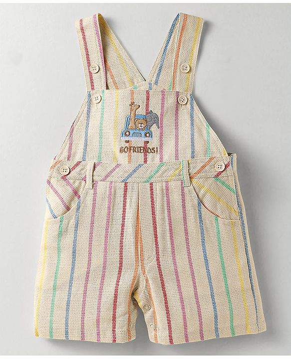 ToffyHouse Half Sleeves T-Shirt & Dungaree with Stripes & Animal Embroidery - Blue & Cream