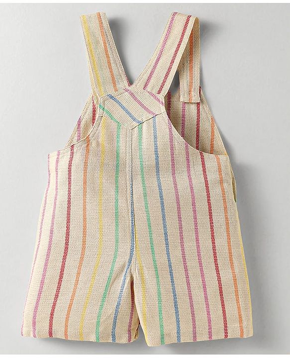 ToffyHouse Half Sleeves T-Shirt & Dungaree with Stripes & Animal Embroidery - Blue & Cream