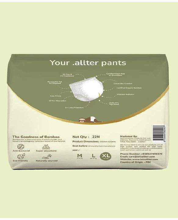 Allter Organic Bamboo Pant Style Diapers Extra-Large Size (16+ kg) 22 Count (Pack of 1) | Rash Free Super Absorbent 3X Softer Wetness Indicator | Explorer |