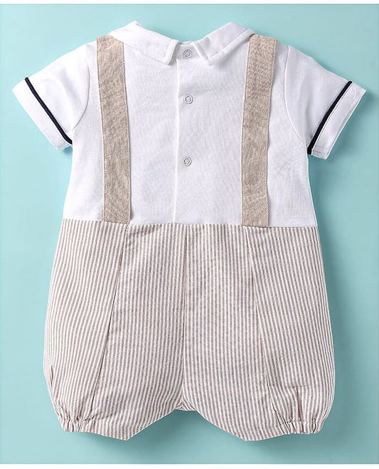 ToffyHouse Half Sleeves Striped Romper With Car Embroidery - Cream