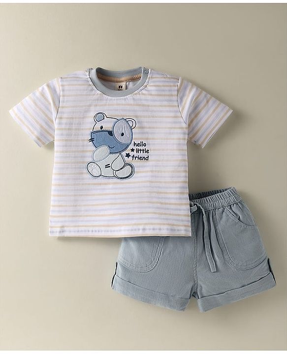 ToffyHouse Half Sleeves T-Shirt & Shorts Set with Bear Patch & Stripes - Grey