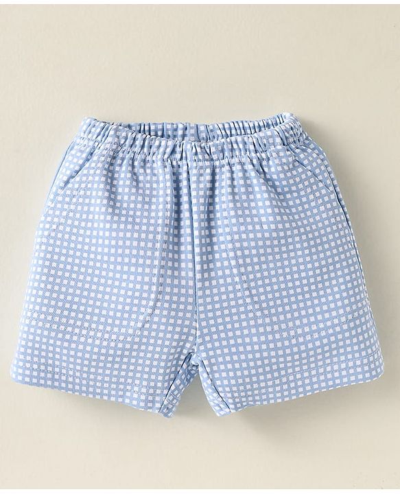 ToffyHouse Half Sleeves T-Shirt & Checkered Shorts Set with Bear Patch - Peach & Light Blue