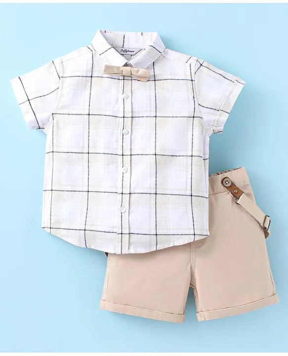 ToffyHouse Poplin Woven Half Sleeves Checks Shirt & Shorts Set with Bow & Suspender - White Tan