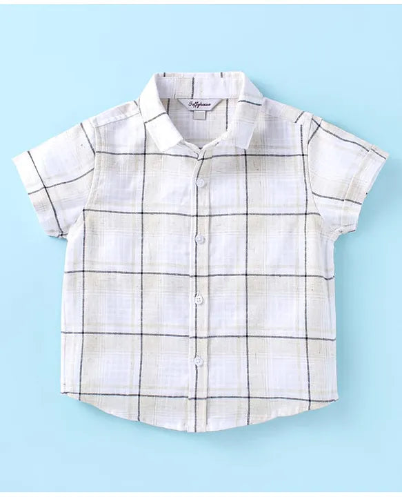 ToffyHouse Poplin Woven Half Sleeves Checks Shirt & Shorts Set with Bow & Suspender - White Tan