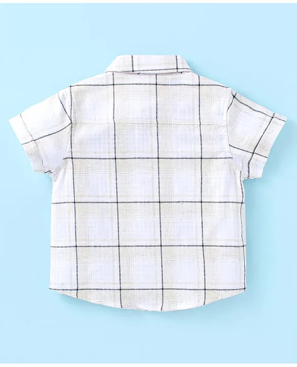 ToffyHouse Poplin Woven Half Sleeves Checks Shirt & Shorts Set with Bow & Suspender - White Tan