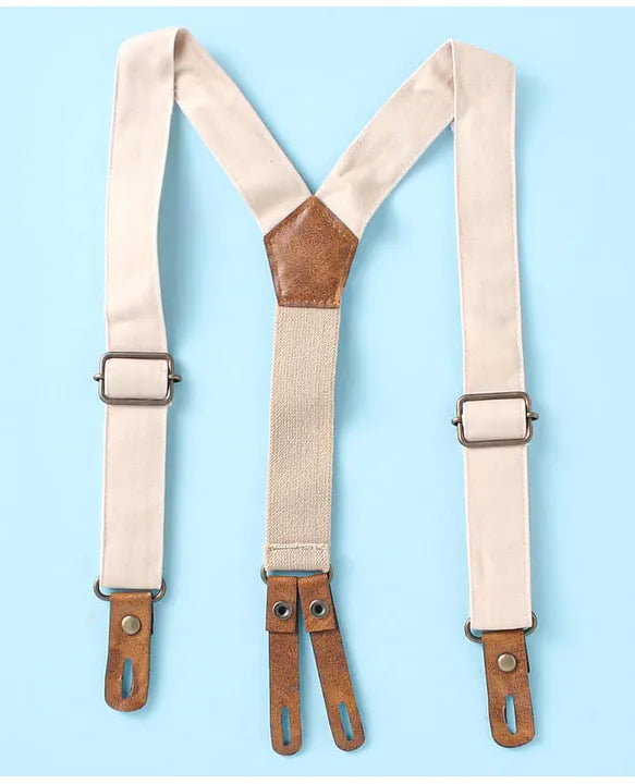 ToffyHouse Poplin Woven Half Sleeves Checks Shirt & Shorts Set with Bow & Suspender - White Tan