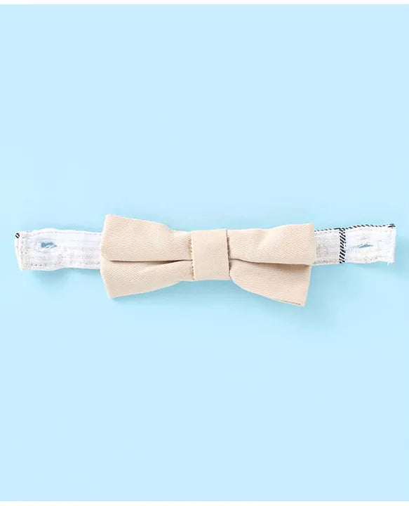ToffyHouse Poplin Woven Half Sleeves Checks Shirt & Shorts Set with Bow & Suspender - White Tan