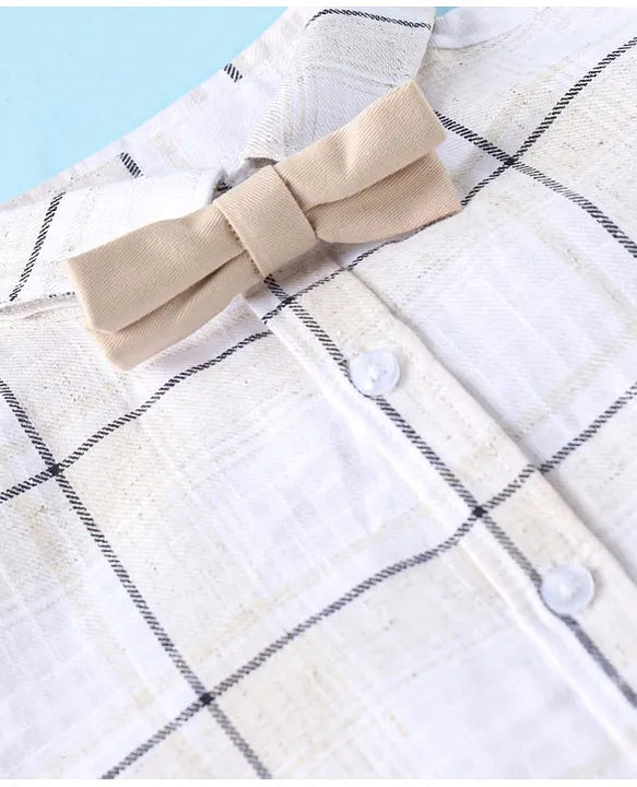 ToffyHouse Poplin Woven Half Sleeves Checks Shirt & Shorts Set with Bow & Suspender - White Tan
