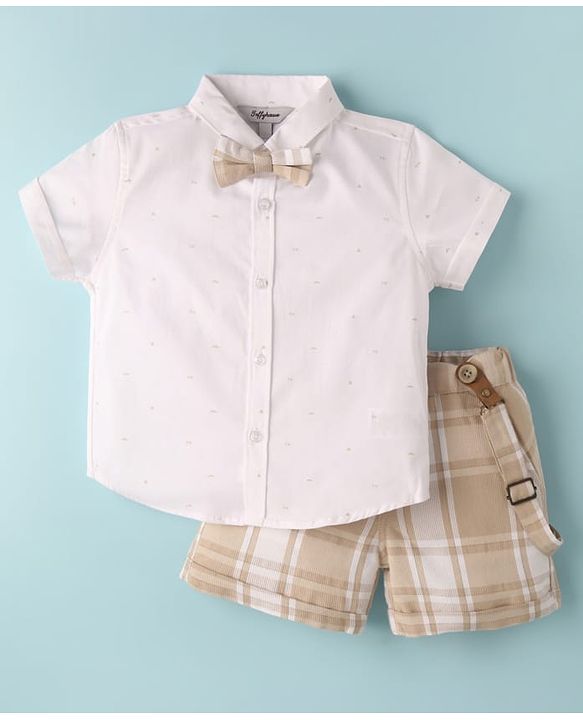 ToffyHouse Half Sleeves Printed Shirt & Shorts With Bow & Suspender - White & Tan