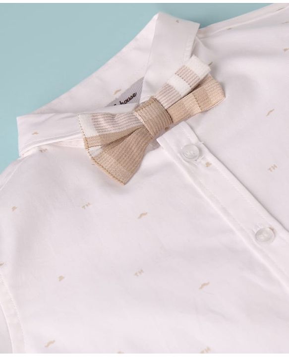 ToffyHouse Half Sleeves Printed Shirt & Shorts With Bow & Suspender - White & Tan