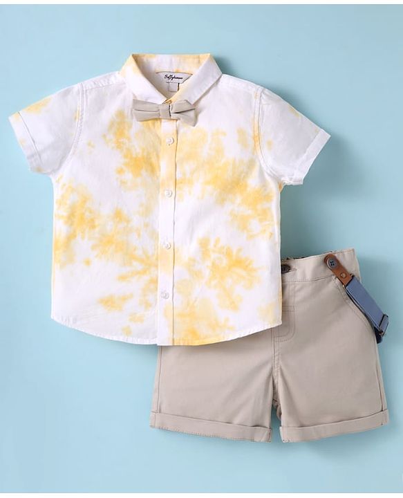 ToffyHouse Half Sleeves Tie & Dye Printed Shirt & Shorts With Bow & Suspender - White