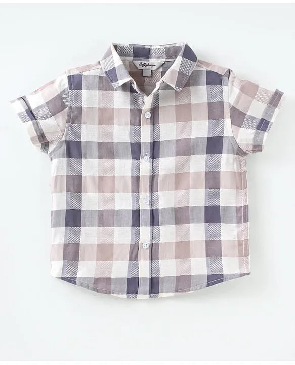 ToffyHouse Poplin Woven Half Sleeves Checks Shirt & Shorts Set with Bow & Suspender - Tan Blue