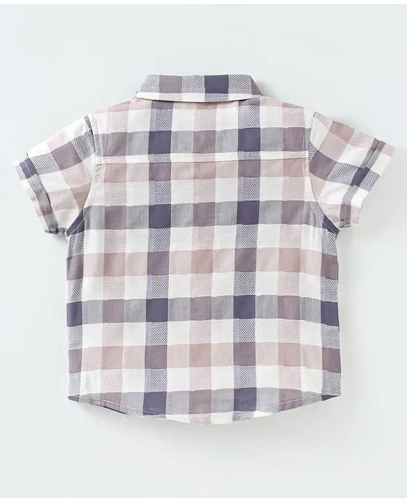 ToffyHouse Poplin Woven Half Sleeves Checks Shirt & Shorts Set with Bow & Suspender - Tan Blue
