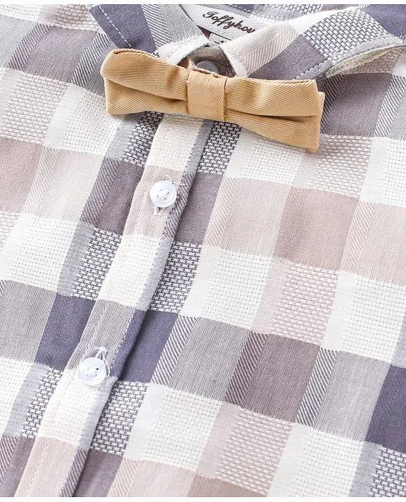 ToffyHouse Poplin Woven Half Sleeves Checks Shirt & Shorts Set with Bow & Suspender - Tan Blue