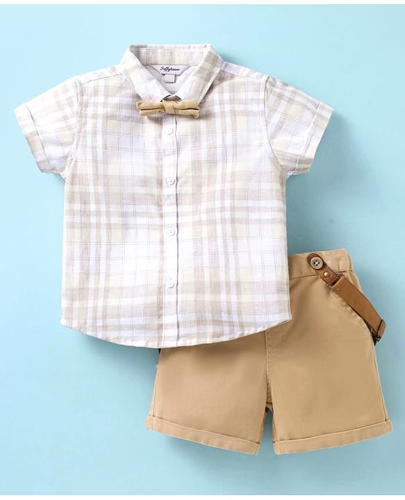 ToffyHouse Half Sleeves Shirt & Shorts Set with Bow & Suspender - Tan Cream