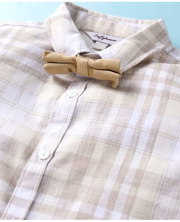 ToffyHouse Half Sleeves Shirt & Shorts Set with Bow & Suspender - Tan Cream