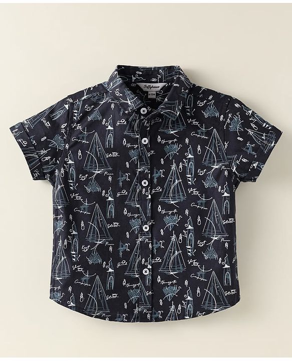 ToffyHouse Half Sleeves Boat Printed Shirt & Shorts With Bow & Suspender - Charcoal Grey