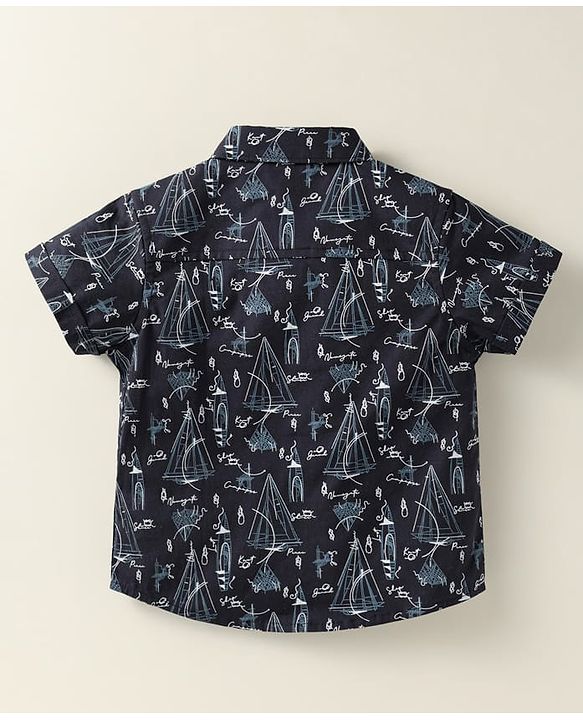 ToffyHouse Half Sleeves Boat Printed Shirt & Shorts With Bow & Suspender - Charcoal Grey