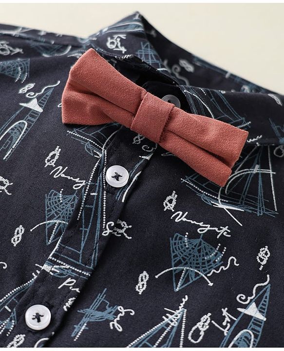 ToffyHouse Half Sleeves Boat Printed Shirt & Shorts With Bow & Suspender - Charcoal Grey